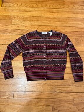 Multicolor 100% Wool- Striped Button-Front Women's Sweater - Petite Medium